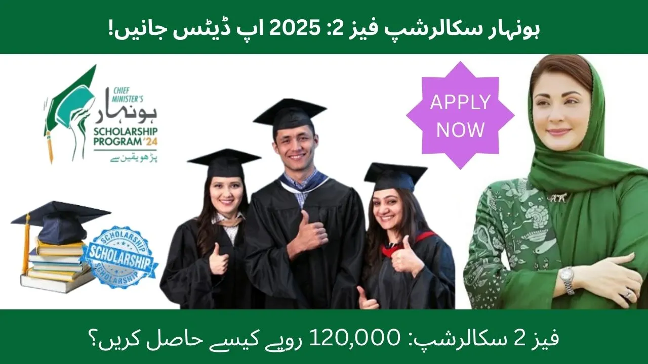 Infographic of Honhaar Scholarship Phase 2 2025 with updates, eligibility, PKR 120,000 for Punjab students.